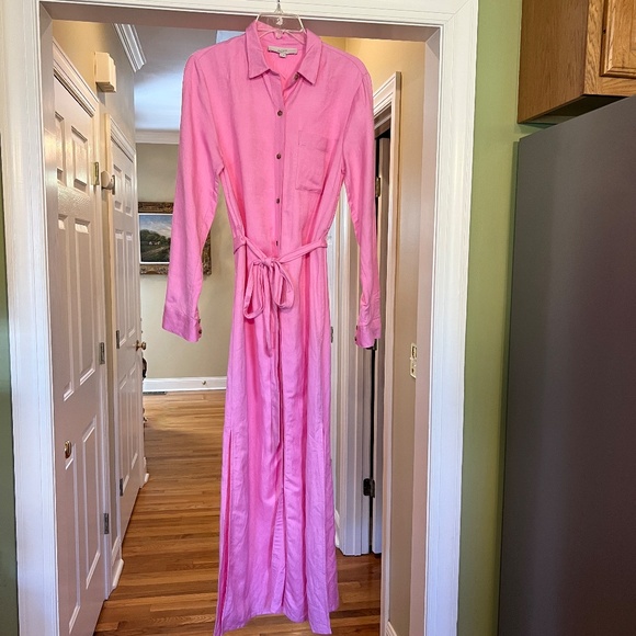 NWOT LOFT Pink Linen Blend Shirt Style Maxi Dress with Tie Belt Size 6 - Picture 4 of 6